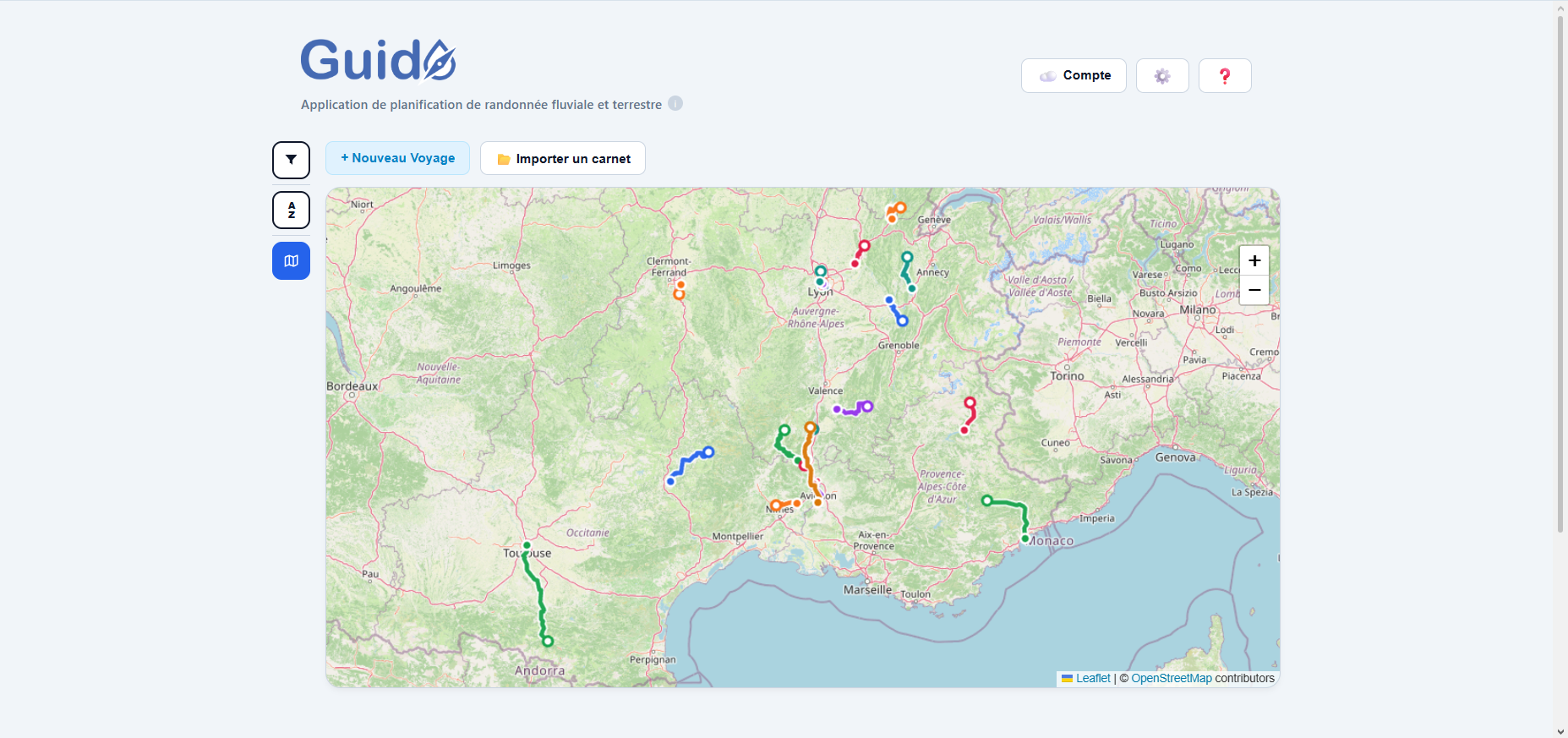La page d'accueil de Guido en vue carte : chaque carnet de kayak, de randonnée ou autre apparaît avec sa trace colorée