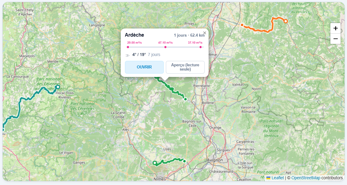 L'infobulle d'un carnet : distance, débits des stations de la rivière et météo des sept prochains jours
